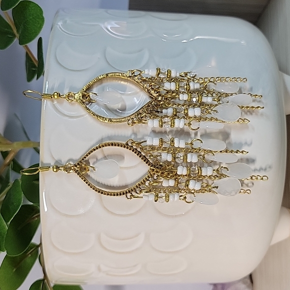 White Beaded Boho Dangle Earrings - Picture 5 of 6